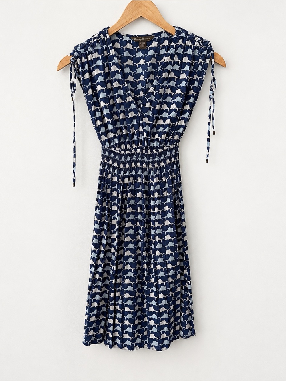 Tommy Bahama Blue White Geometric Print Tie Shoulder Smocked Dress XS/P Coastal